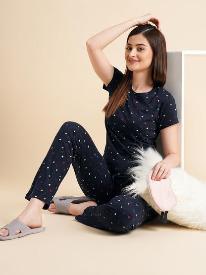 Sweet Dreams Women Printed Pyjama Set Navy