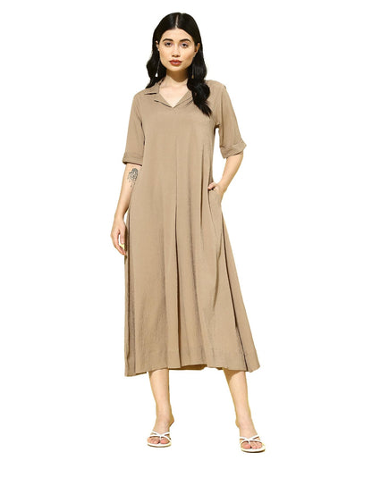 Varanga Women Beige Shirt Collar A-Line Dress  Comfortable Short Sleeves Calf Length Dress For Stylish Everyday Wear, Office & C