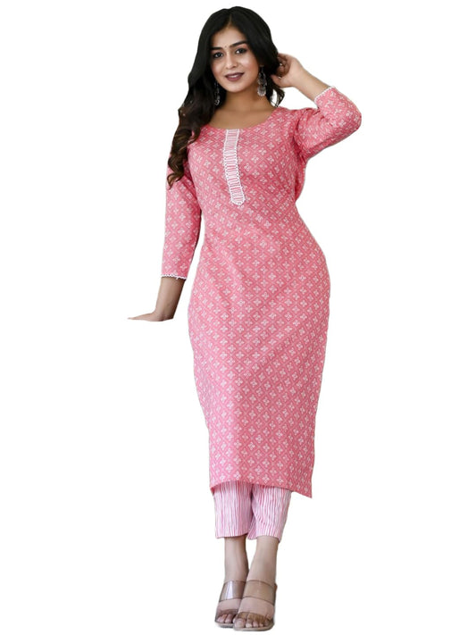 GoSriKi Women's Cotton Blend Straight Printed Kurta with Pant (Tai Pink-2NW-GS)