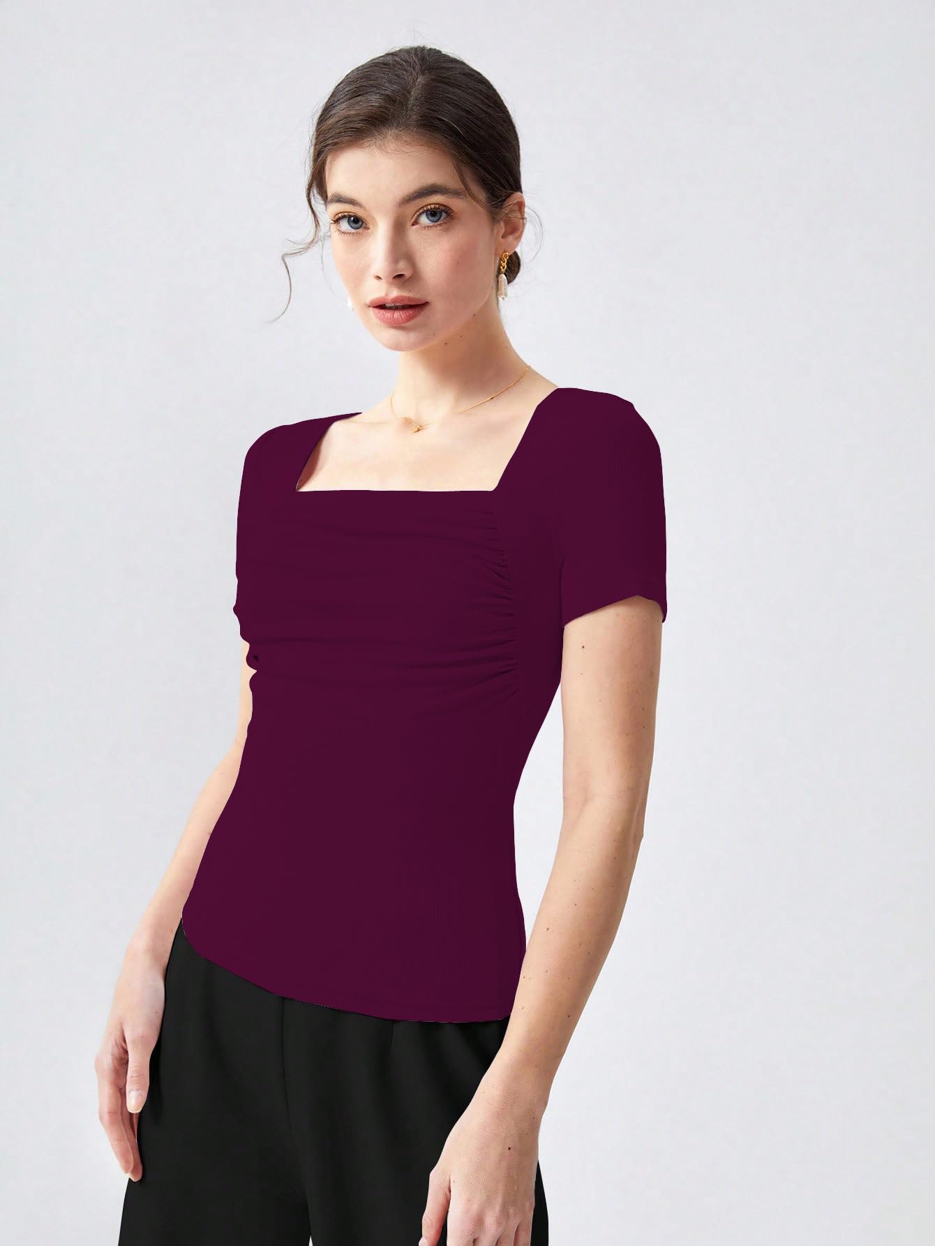Shasmi Womens & Girls Magenta Womens Summer Square Neck Solid Color Ruched Tee Workwear Pleated Casual t-Shirt for Women (Top