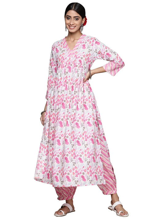 ishin Women's Pure Cotton Printed Pink A-Line Kurta Suit Set with Pants