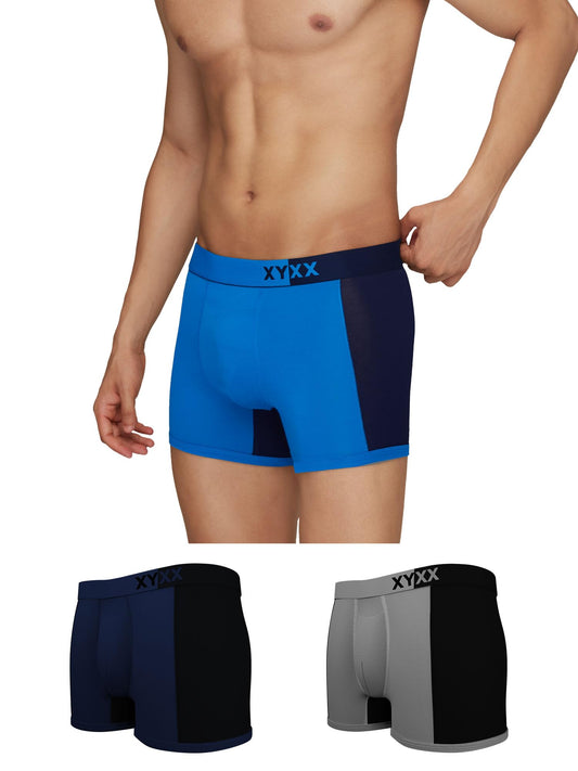 XYXX Mens Underwear Dualist IntelliSoft Antimicrobial Micro Modal Trunk Pack of 3 (Steel Grey & Black;Black Iris & Black;Brilli