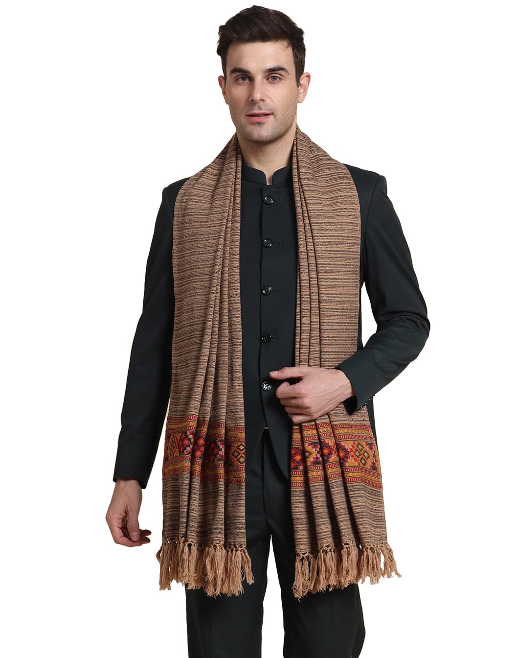 Weavers Villa Mens Acro Wool Blended Shawl - Handloom Woven Kullu Pattern - Stoles for Men - Gents Shawls - Soft & Warm Wrap -