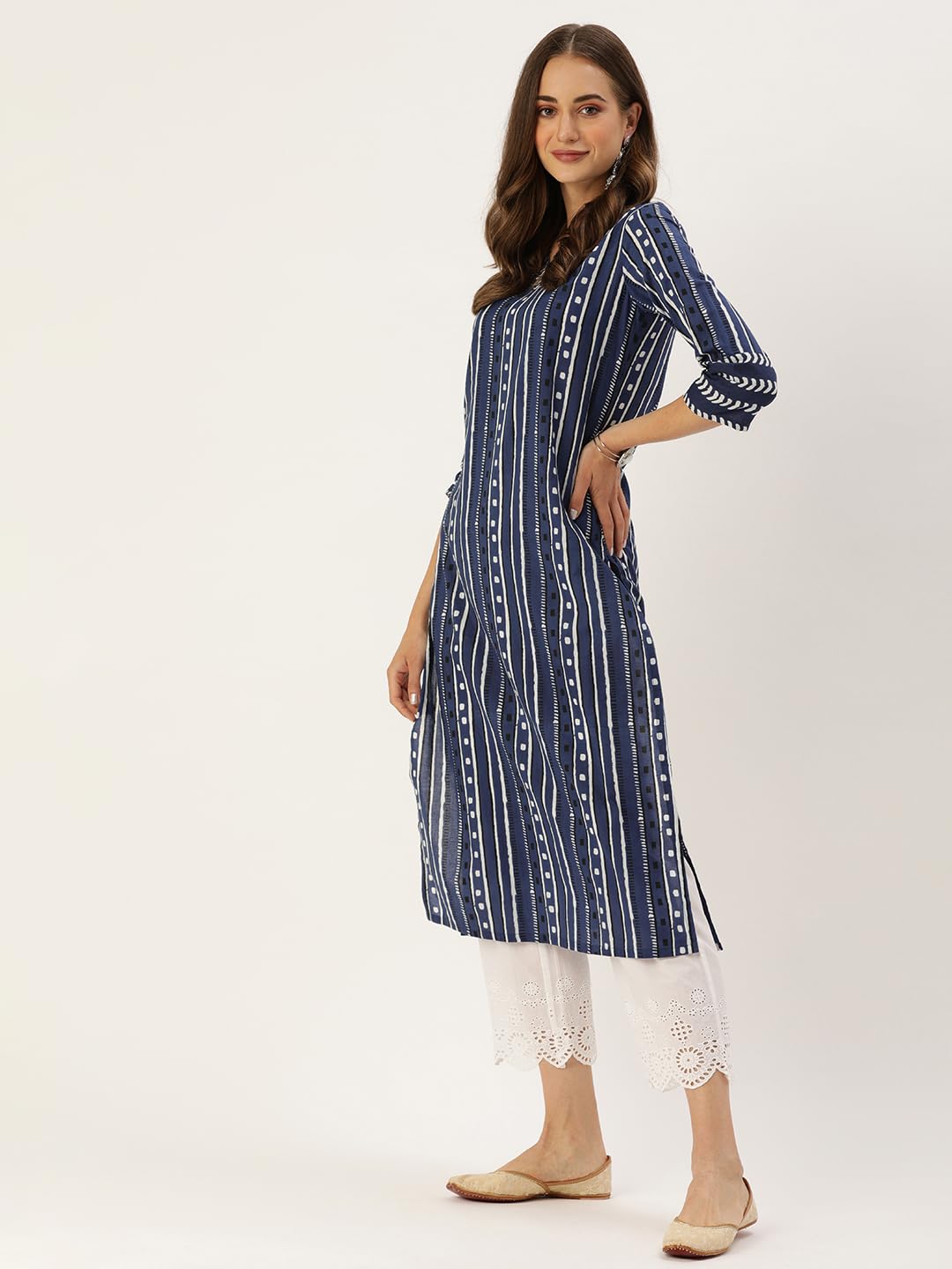 Varanga Women Olive Bhandhani Print Gota Yoke Embroidered Kurta With Round Neck, Tassel Detailing, Three-Quarter Sleeves, Straig