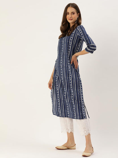 Varanga Women Olive Bhandhani Print Gota Yoke Embroidered Kurta With Round Neck, Tassel Detailing, Three-Quarter Sleeves, Straig