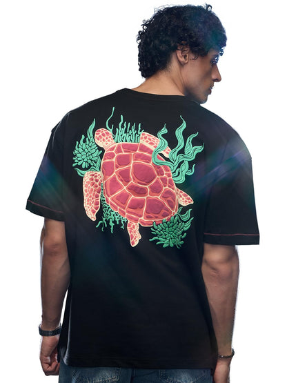 The Souled Store Break Free Turtle Men and Boys Short Sleeves Round Neck Black Puff Printed Cotton Oversized T-Shirts