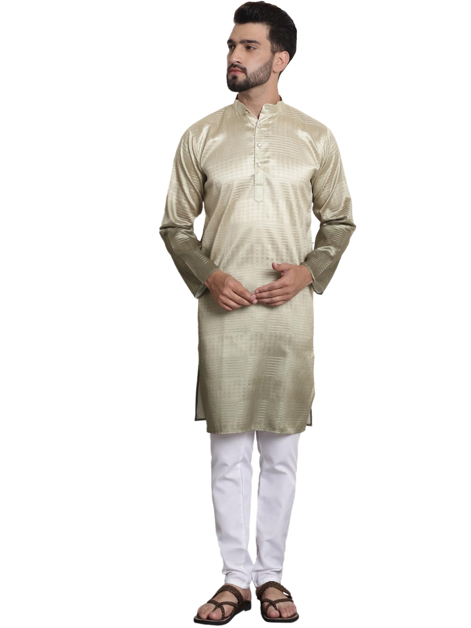 SOJANYA (Since 1958 Men's Jacquard Silk Multi Shade Gold Sequinned Kurta With White Pyjama