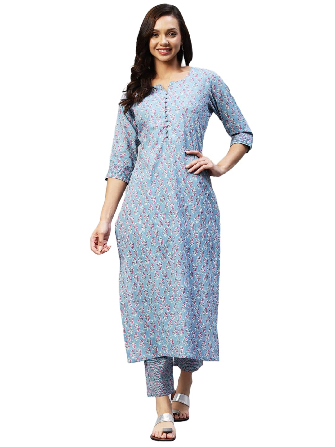 Gosriki WomenS Cotton Blend Straight Printed Kurta With Palazzo (Padwil Blue_3Xl-Go_ Blue_Xxx-Large)