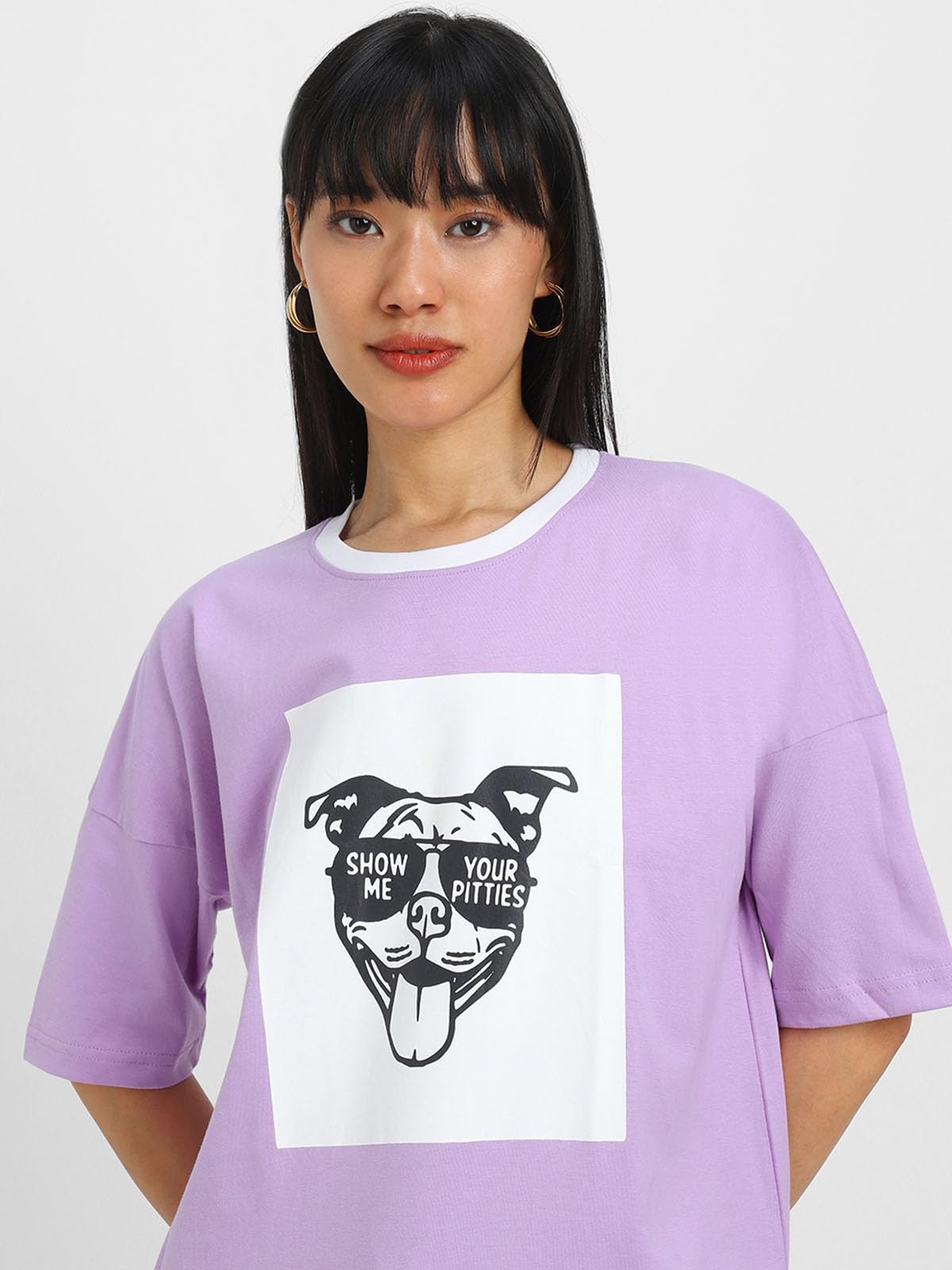 Juneberry Oversize Loose Relaxed Fit Drop Shoulder Round Neck Half Sleeve Lilac Graphic Printed Boyfriend T-Shirt For Women & Gi