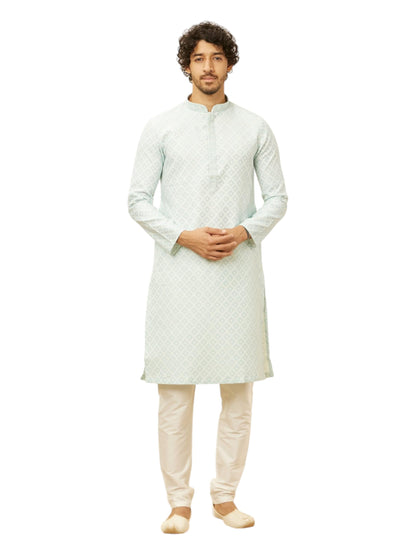 Manyavar Mens Blue Art Silk Self Design Kurta Pyjama Set