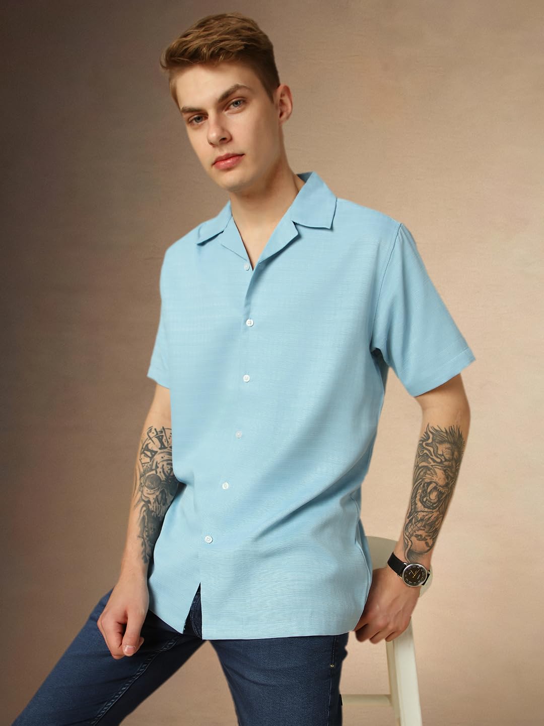 Dennis Lingo MenS Blue Half Sleeve Cuban Collar Solid Textured Relaxed Fit Casual Shirt