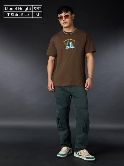 The Souled Store Phineas & Ferb: Bringing The Cool Men and Boys Short Sleeves Round Neck Brown Embroidered Cotton Relaxed Fit T-