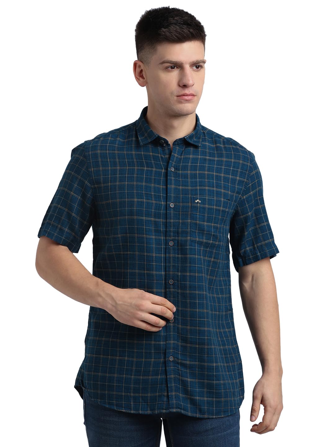 Turtle Men Cotton Lyocell Blue Checkered Slim Fit Half Sleeve Casual Shirt