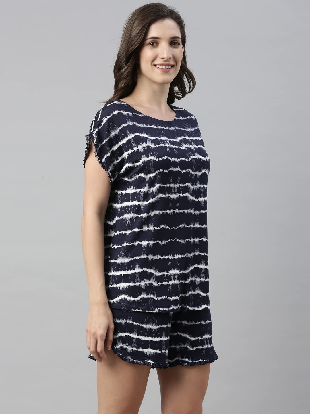 Enamor Essentials Womens Relaxed Fit Modal Fabric Short Sleeve Printed Shirt and Mid-Rise Mid-Thigh Length Slounge Shorts Set -