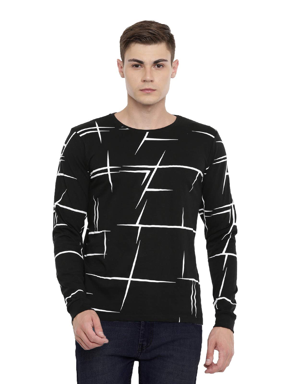 ADRO Men's Full Sleeve Cotton Printed T-Shirts (FS-4-AOP04-BL_Black)