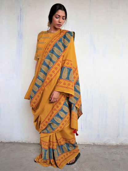 Jaanvi fashion Womens Hand Block Print Mul Cotton Saree with Blouse Piece (sunshine-bloom-yellow)