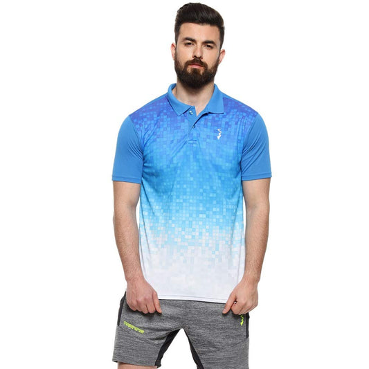 Campus Sutra Mens Blue & White Ombre Colour-Blocked Dri-Fit Half Sleeve Regular Fit T-Shirt for Casual Wear | Modern Clothing T