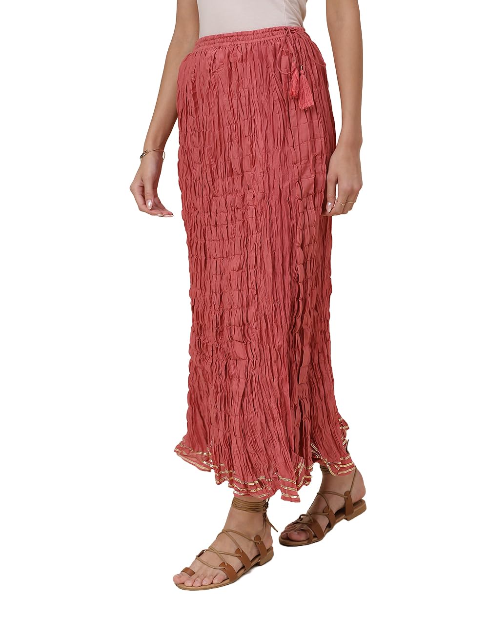 Fabindia Women Mull Drawstring Long Skirt Cotton_M/L Pink
