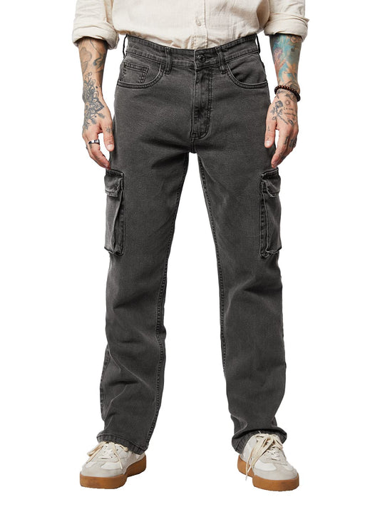 The Souled Store Solids: Ash Grey (Straight Fit) Mens and Boys Regular Fit Solid Cottonblend Grey Color Men Cargo Jeans