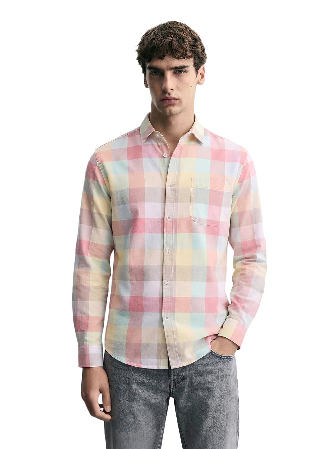 The Indian Garage Co Mens Slim Fit Checkered Cutaway Collar Long Sleeves Shirt