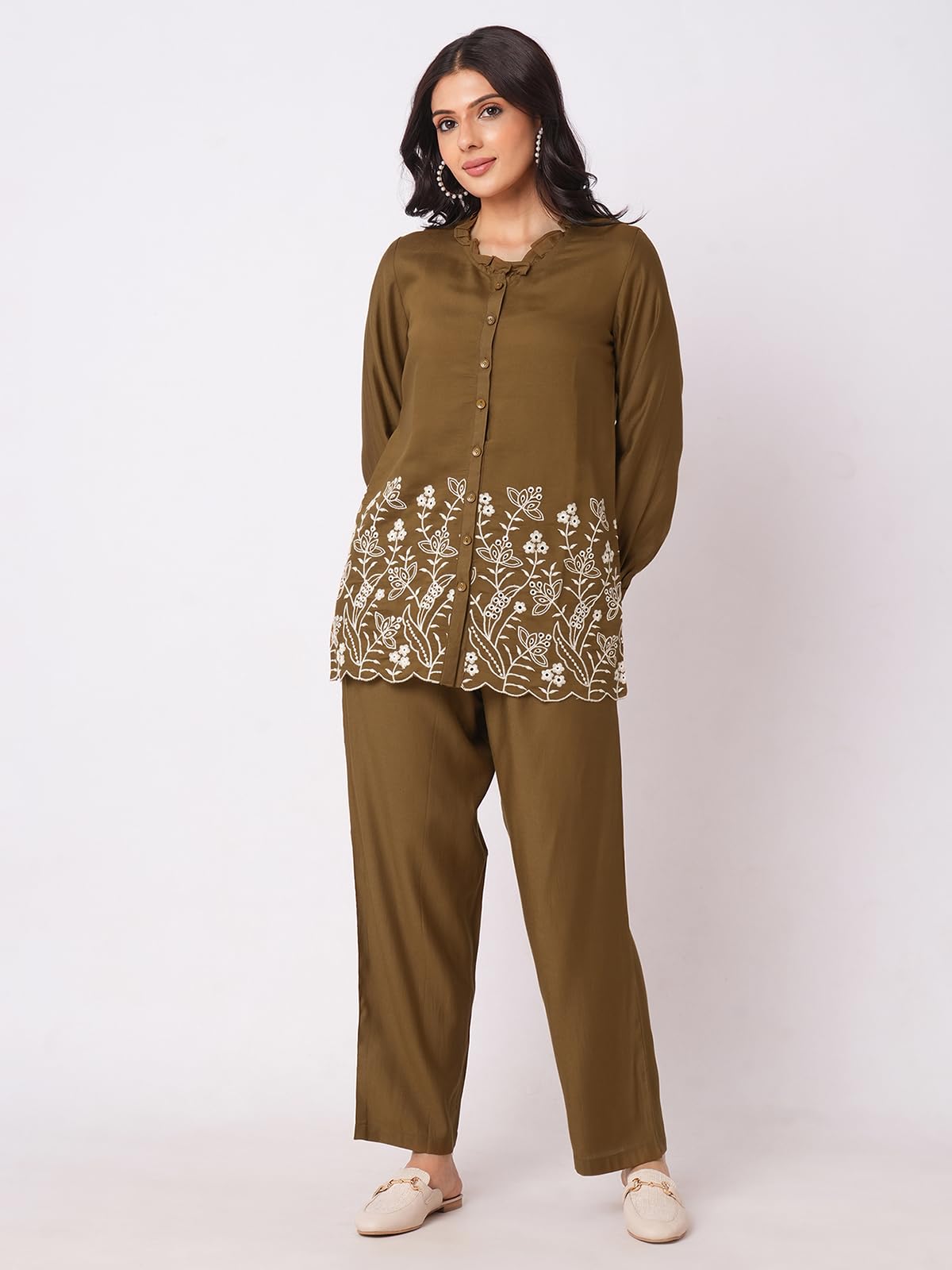 Selvia Co-ords Set for Women|Cotton Blend Shirt and Trouser Set|Casual Co-ords Set for Women|Embroidery Two Piece Co-ord Set(681