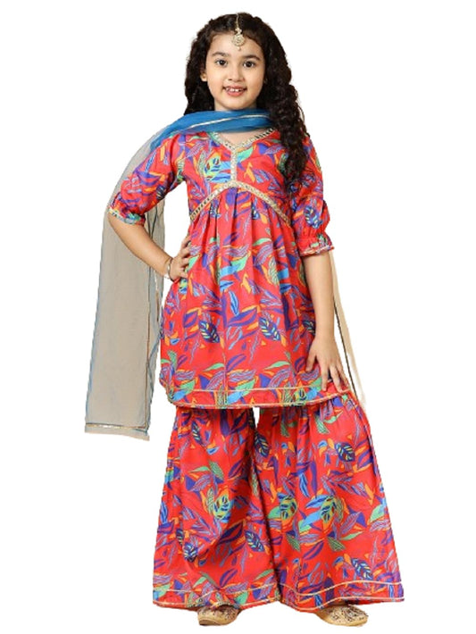 A.T.U.N. (All Things Uber Nice) Red Floral Printed Kurti, Sharara With Dupatta Set For Girls
