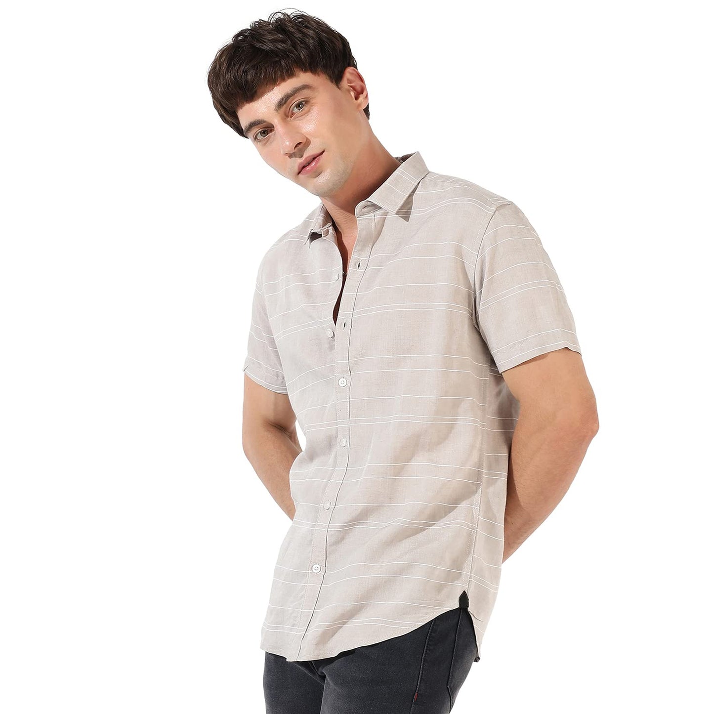 Campus Sutra Mens Light Grey Textured Button Up Spread Collar Shirt for Casual Wear | Regular Fit | Cotton Viscose Shirt Crafte