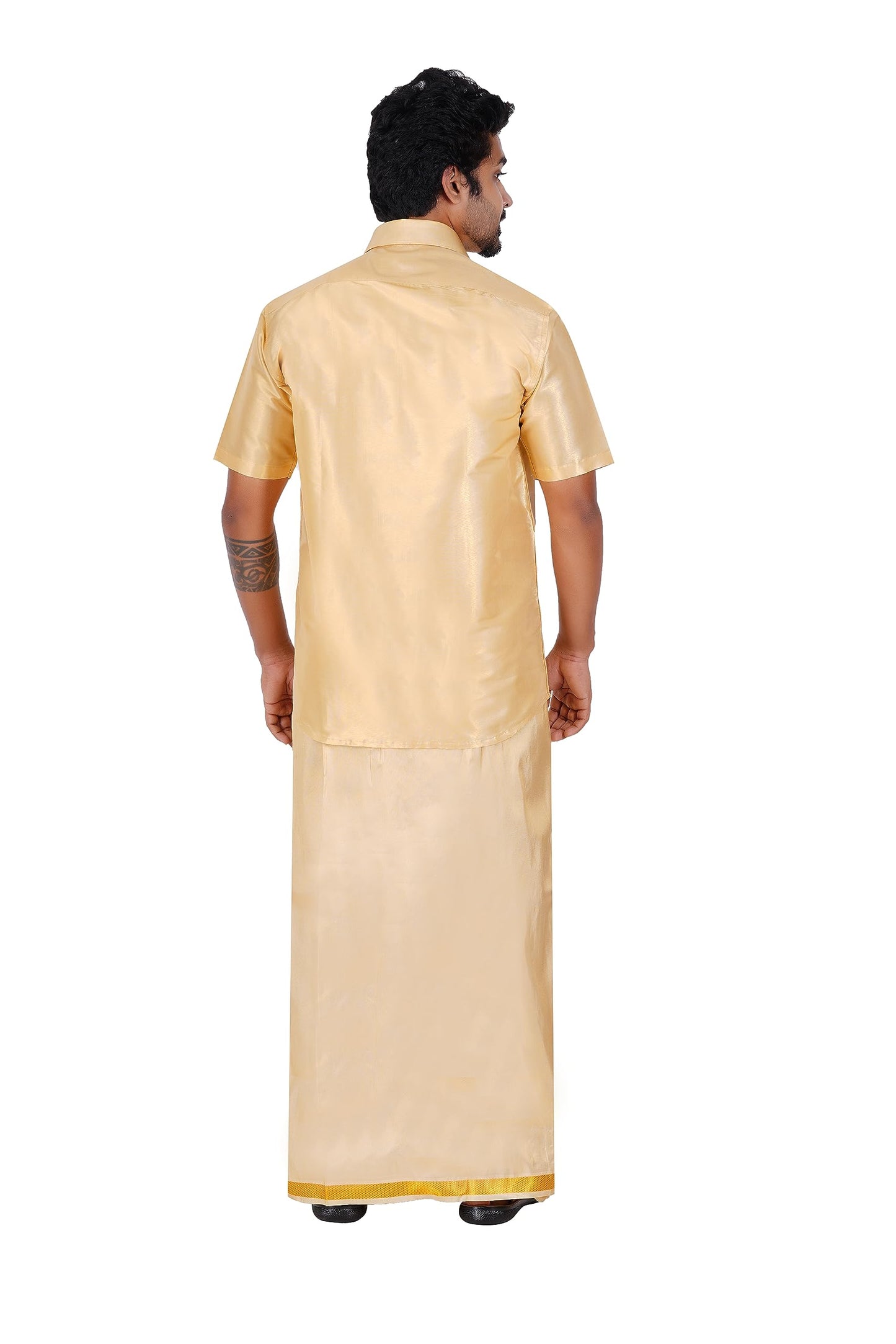 PRAKASAM COTTON-Mens Art Silk Tissue Wedding Set/Art Silk Tissue 8 Mulam (8-Yard) Dhoti and Stitched Half Sleeve Shirt