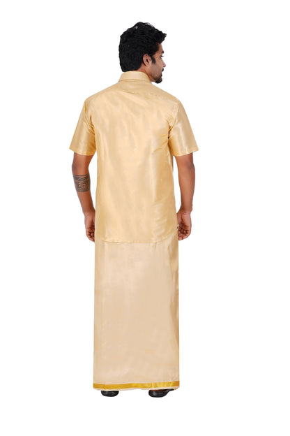 PRAKASAM COTTON-Mens Art Silk Tissue Wedding Set/Art Silk Tissue 8 Mulam (8-Yard) Dhoti and Stitched Half Sleeve Shirt