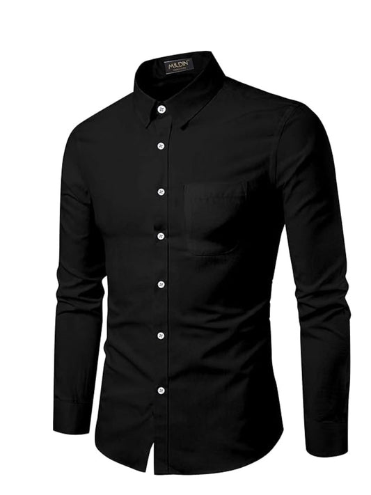 Mildin MenS Regular Cotton Blend Black Slim Fit Solid Button Down Spread Collar Full Sleeve Curved Hemline Formal Shirt With On