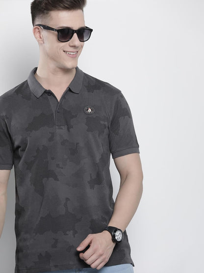 The Indian Garage Co Men Slim Fit Abstract Printed Polo Collar Tshirt Grey