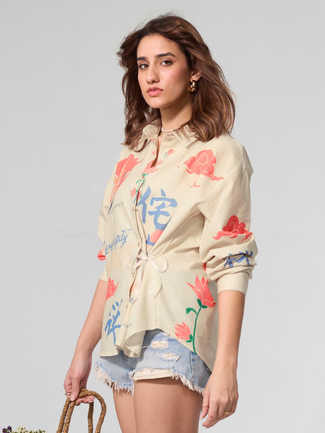 The Souled Store Cotton Linen Shirt: Unbound Women and Girls Long Sleeves Collared Neck Button Front Beige All Over Printed Cott