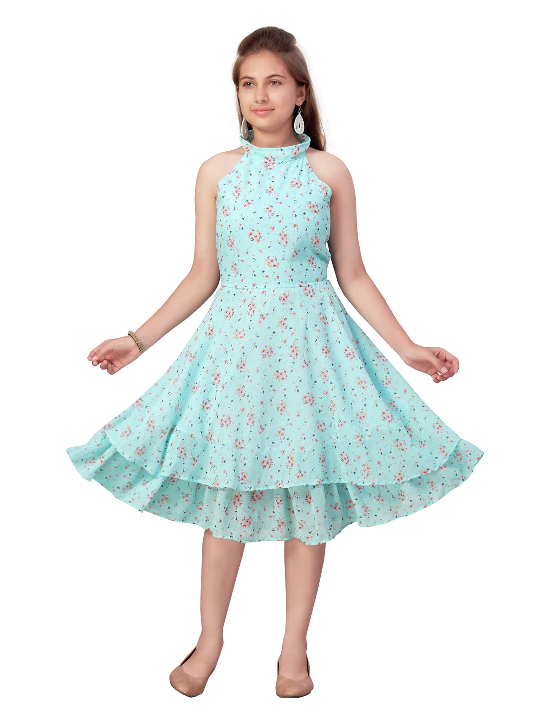 Aarika Girl's Georgette Skater Knee-Length Dress (MD-A-22550_Firozi