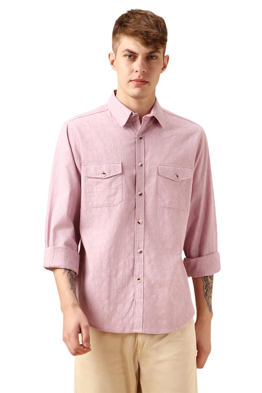 Dennis Lingo Men Pink 100% Cotton Full Sleeve Spread Collar Self Design Shirts