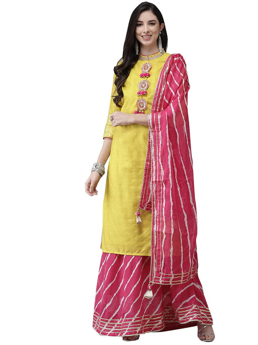 ishin Women's Cotton Blend Embroidered Gotta Patti Yellow Leheriya Print A-Line Kurta suit set With Dupatta & Skirt
