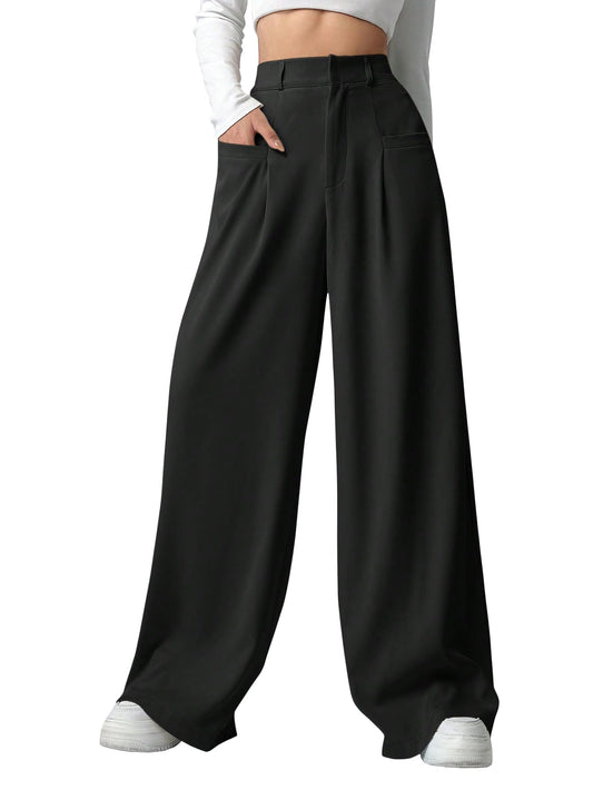 Shasmi Women & Girls Solid Black Color Loose Fit, Pleated Trousers, Wide Leg Pocket Casual Long Korean Trousers Pant (Pant 146 B