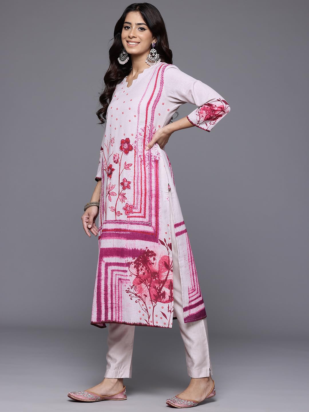 Varanga Women Pink Floral Printed French Knot Thread Embroidered Kurta with Bottom and Dupatta