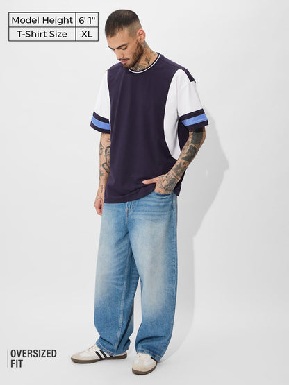 The Souled Store Solids: Deep Navy Oversized T-Shirt for Men Boys Cotton Casual Half Sleeves Baggy Loose Fit Drop Shoulder Round