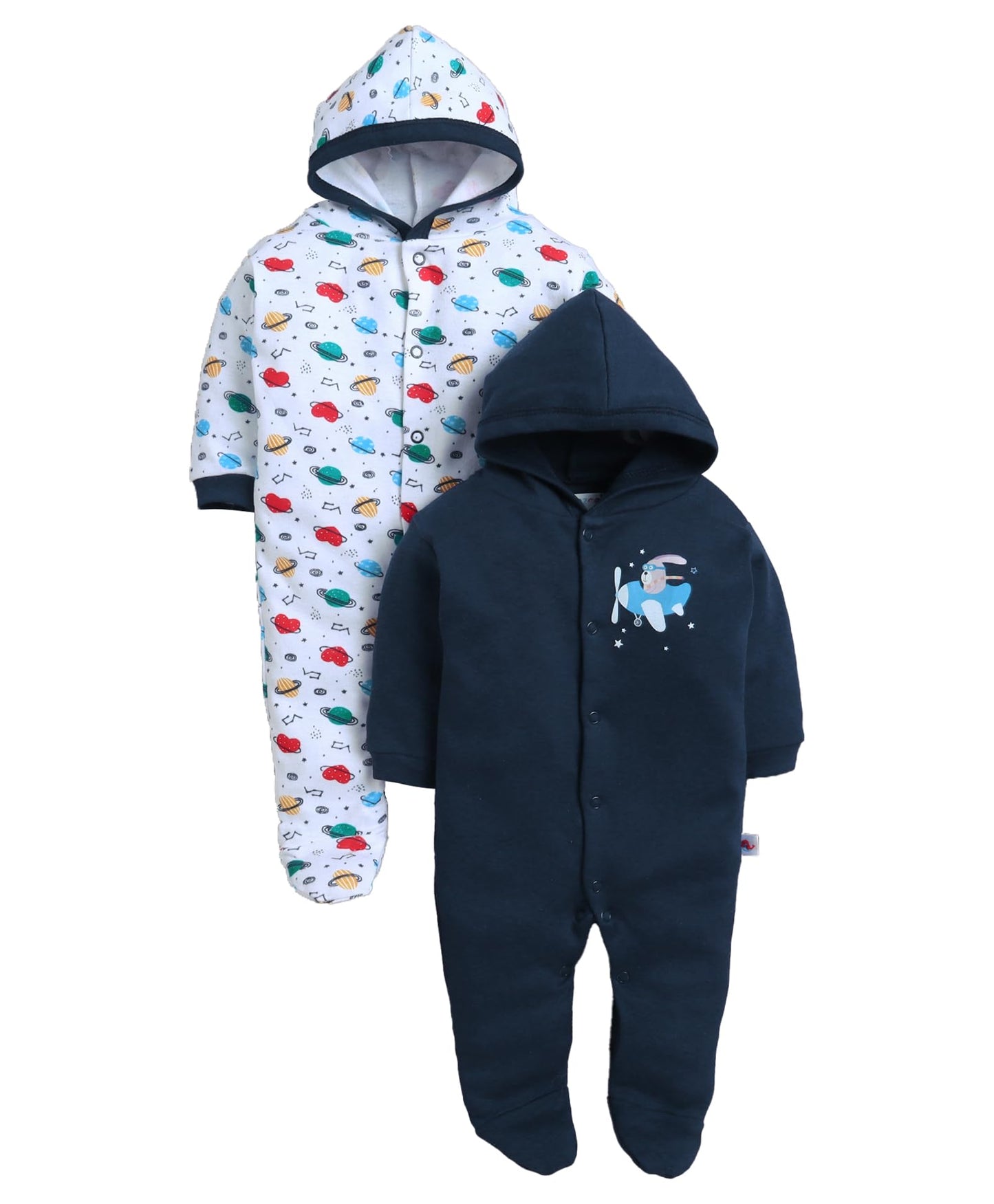 Bumzee Baby Boys Cotton Full Sleeves Pack Of 2 Hooded Sleepsuit Navy & White - New Born (Peb11022A-Nbl)