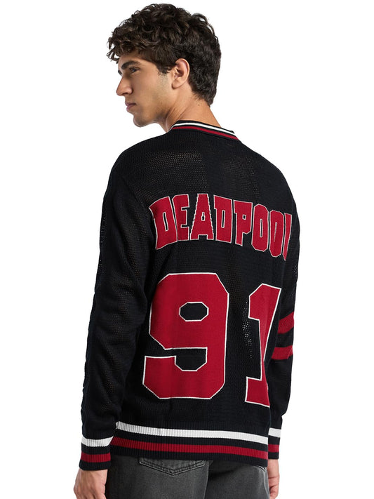 Bewakoof Air 1.0 Official Dc Merchandise Deadpool MenS Typography Oversized Fit Full Sleeve Polo Neck Cotton Sweater_644526_Blac