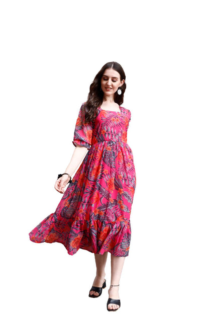 SMOWKLY Womens Georgette Floral Printed Indo-Western Ethnic Gown || Half Sleeve V Neck Fit & Flare Flared Hem Design || Casual