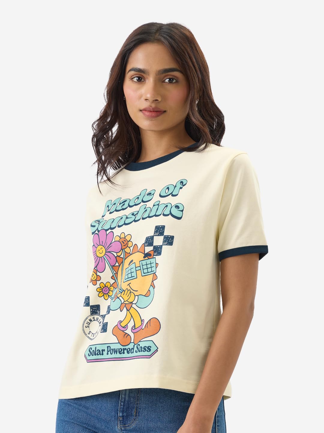 The Souled Store Made of Sunshine Women and Girls Short Sleeve Round Neck Yellow Graphic Printed Regular Fit Cotton T-Shirts