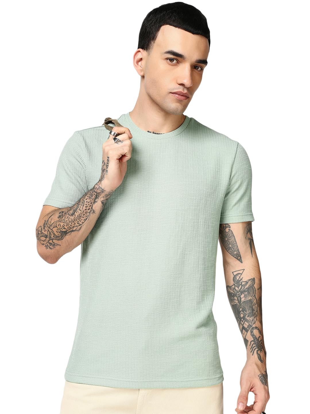 Bewakoof MenS Textured Regular Fit Half Sleeve Round Neck Polycotton T-Shirt_687642_Green_S