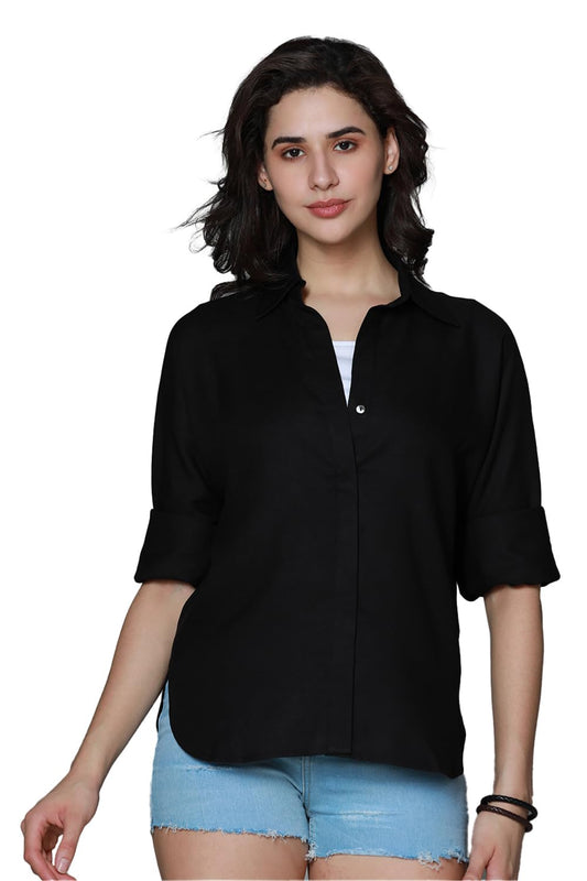 High Star WomenS Solid Oversized Fit Shirt (Hswshs2401_Black