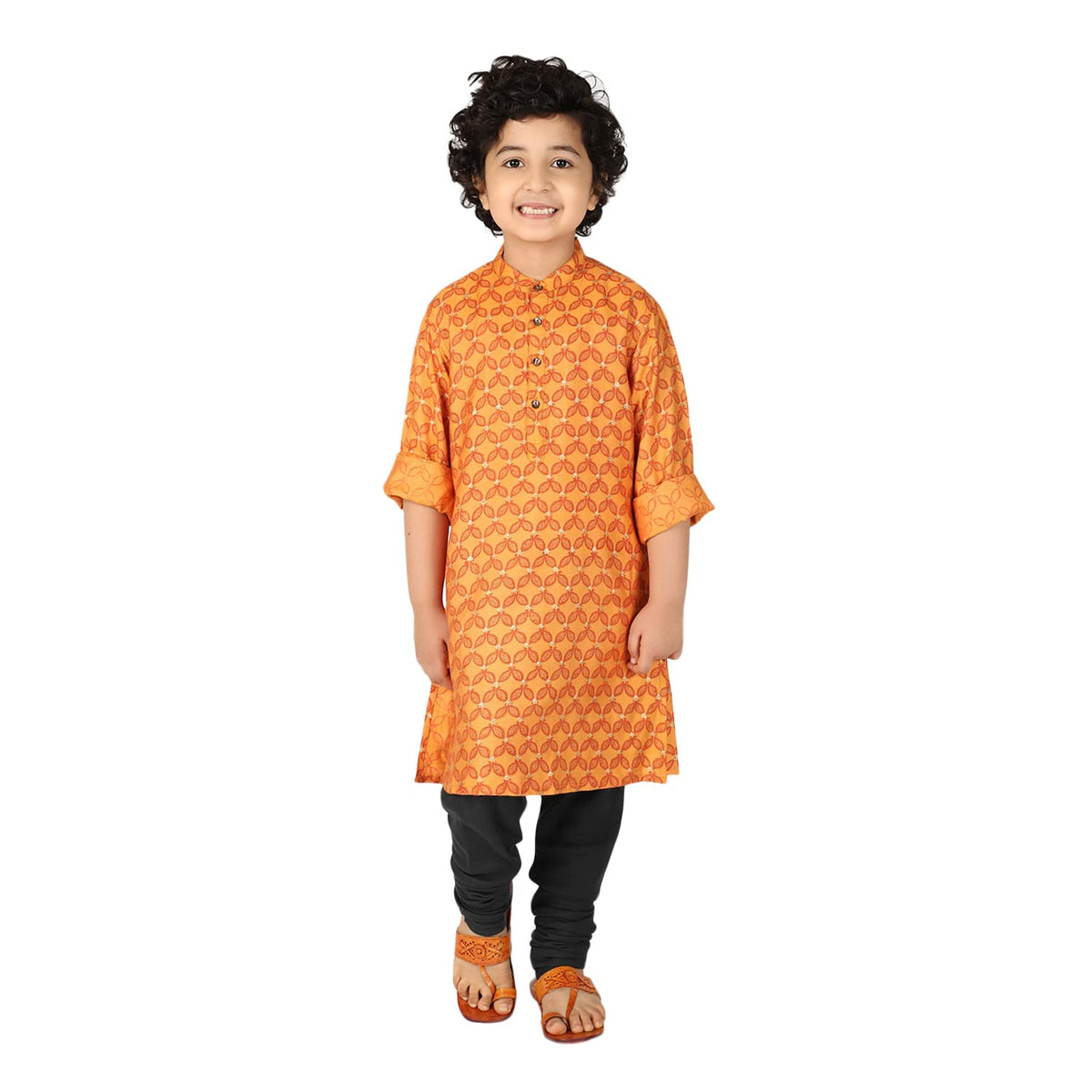 Fabindia BoyS Viscose Silk Printed Regular Kurta_Orange_3-4 Year