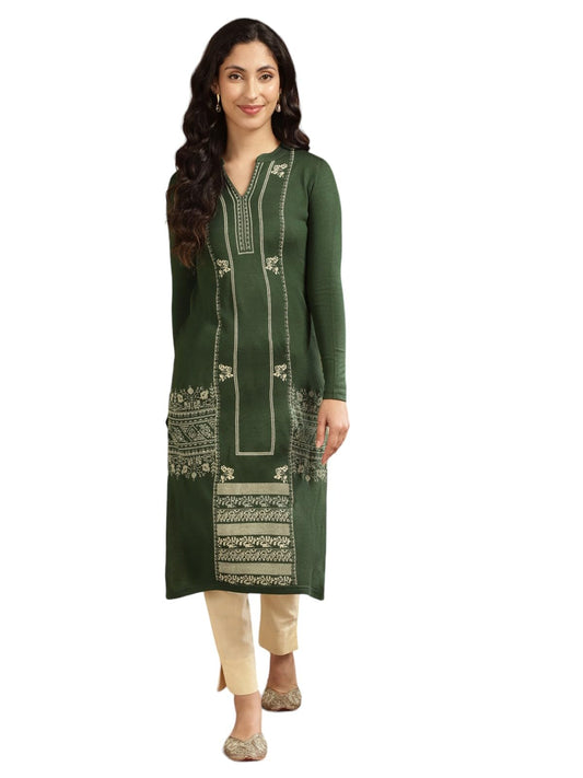 rangita Green Acrylic Calf Length Printed Straight Kurti for Women | Kurta for Women