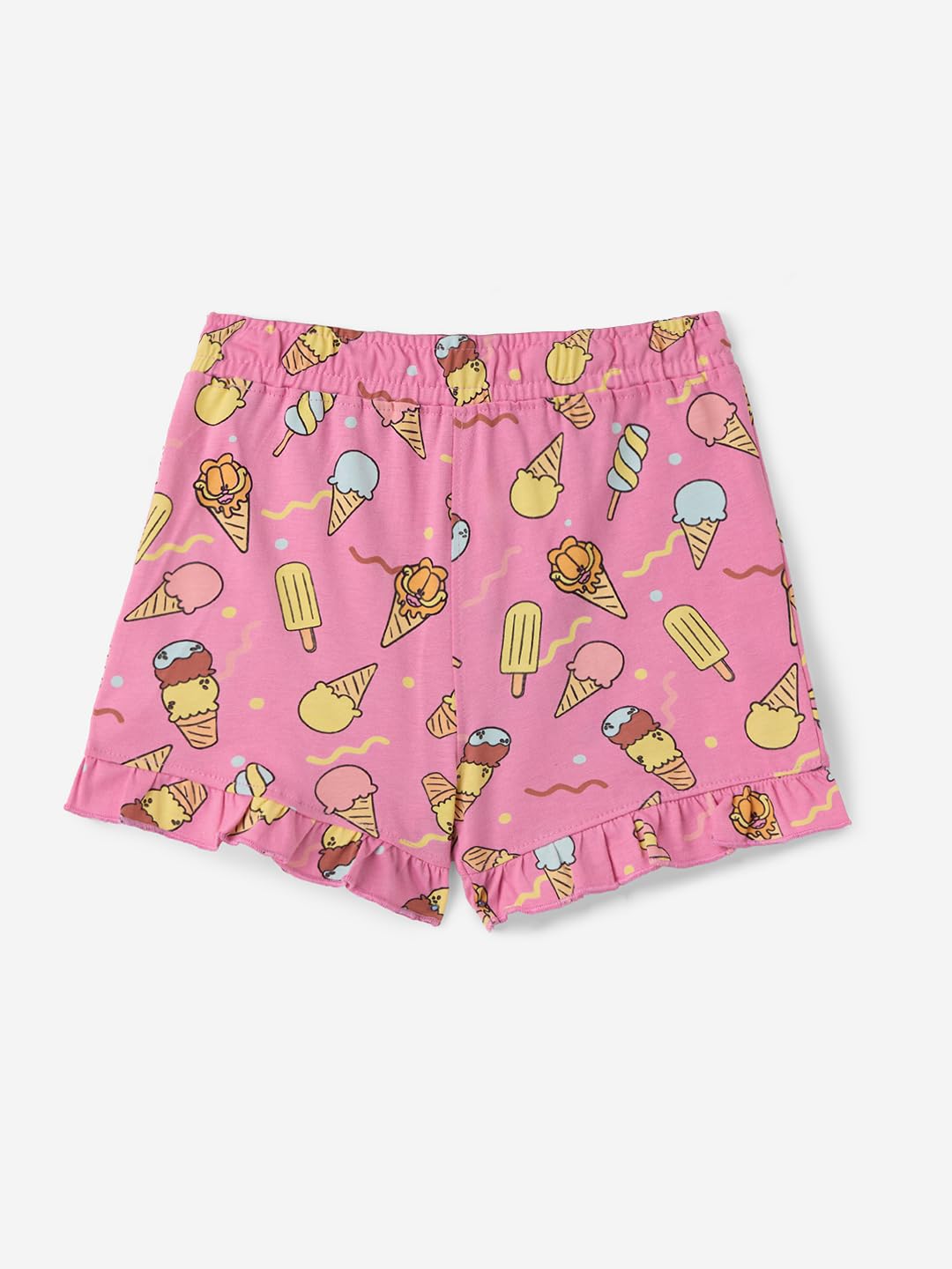 The Souled Store Garfield: Chillin Girls Elastic Pink All Over Printed Above Knee Length Regular Fit Cotton Shorts (2-8 Yrs)