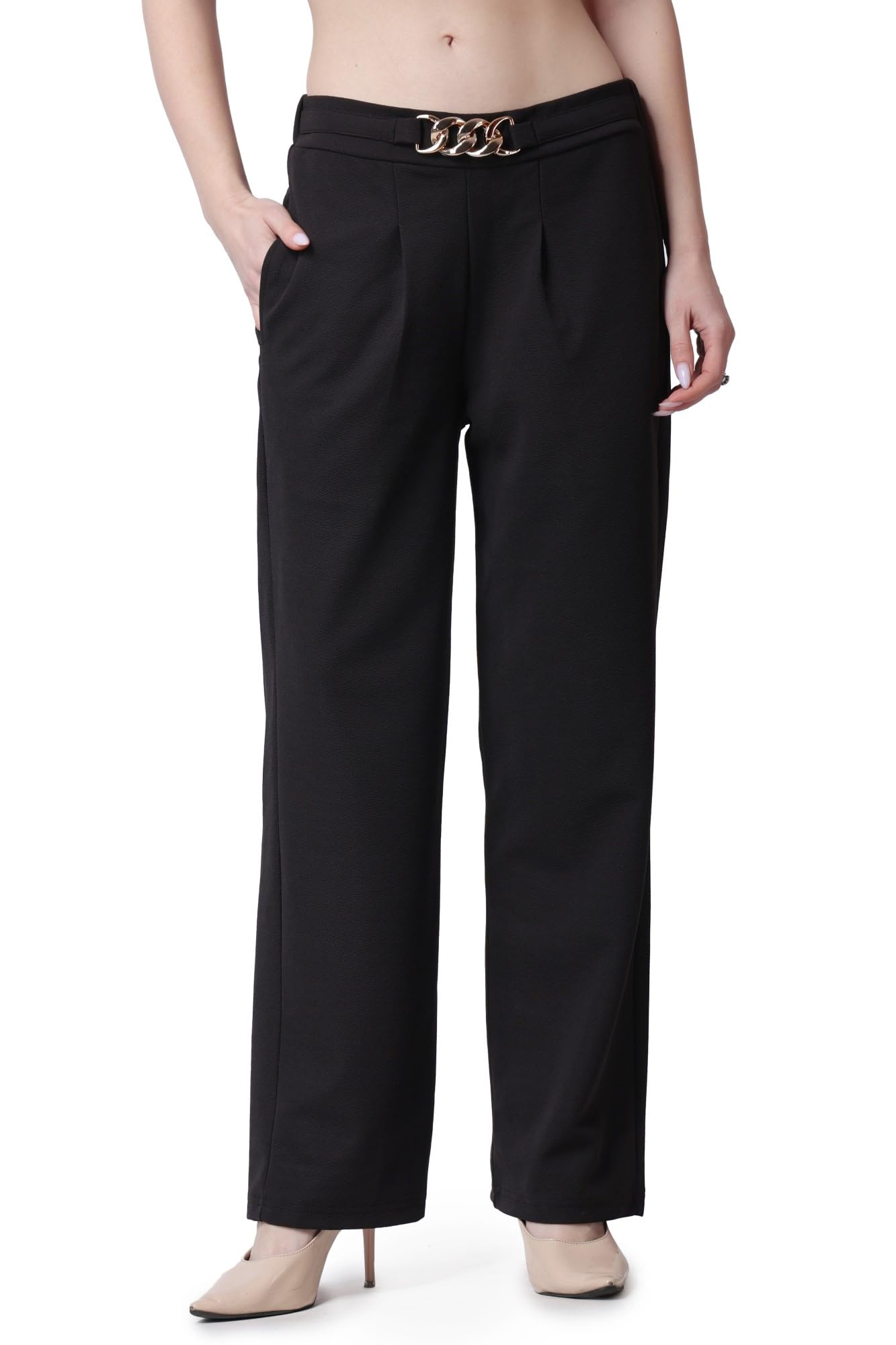 POPWINGS Casual Formal Regular Fit Solid Trousers for Women || Stylish Formal Trouser for Women with Pockets || Pull On Trouser