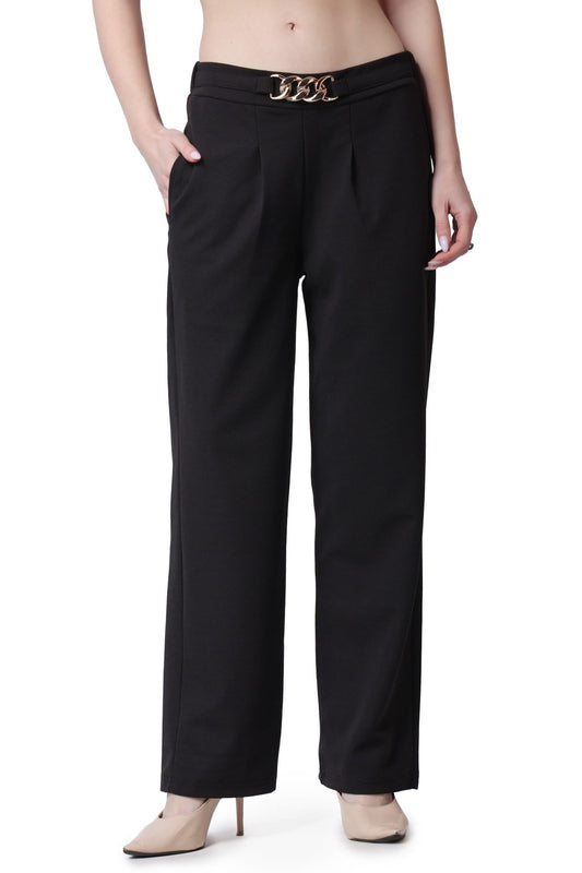POPWINGS Casual Formal Regular Fit Solid Trousers for Women || Stylish Formal Trouser for Women with Pockets || Pull On Trouser