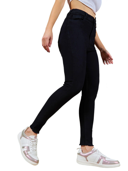 Dolce Crudo Womens Black Skinny Fringed Detailing High Rise Clean Look Solid Cropped Stretchable Denim Jeans(DOSS19DEN08-21-62-